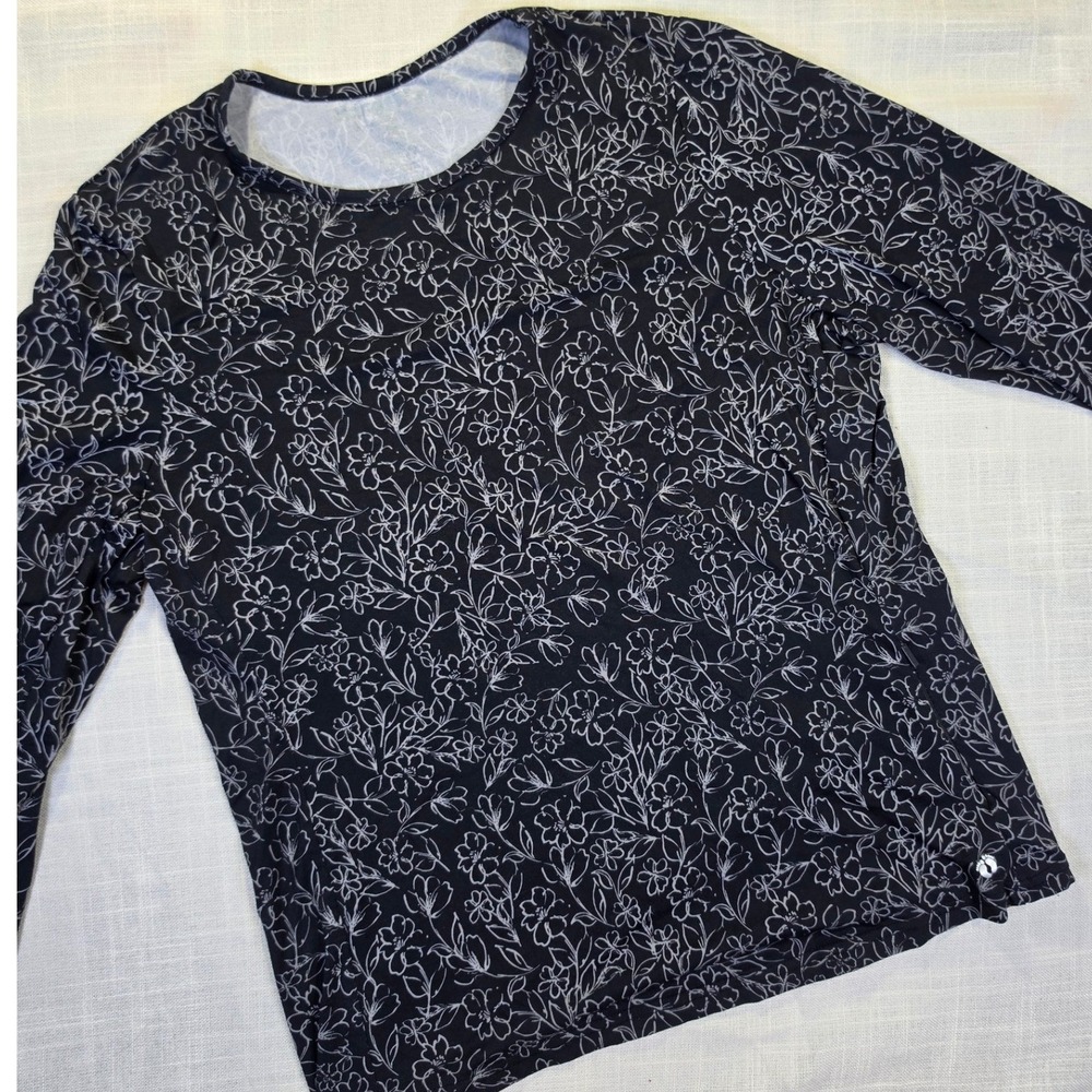 Hang Ten Womens UPF 50+ Floral Rash Guard Long Sleeve Swim Shirt Black White
